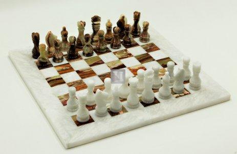 Green Onyx and white marble chess set - 37,5 x 37,5 cm